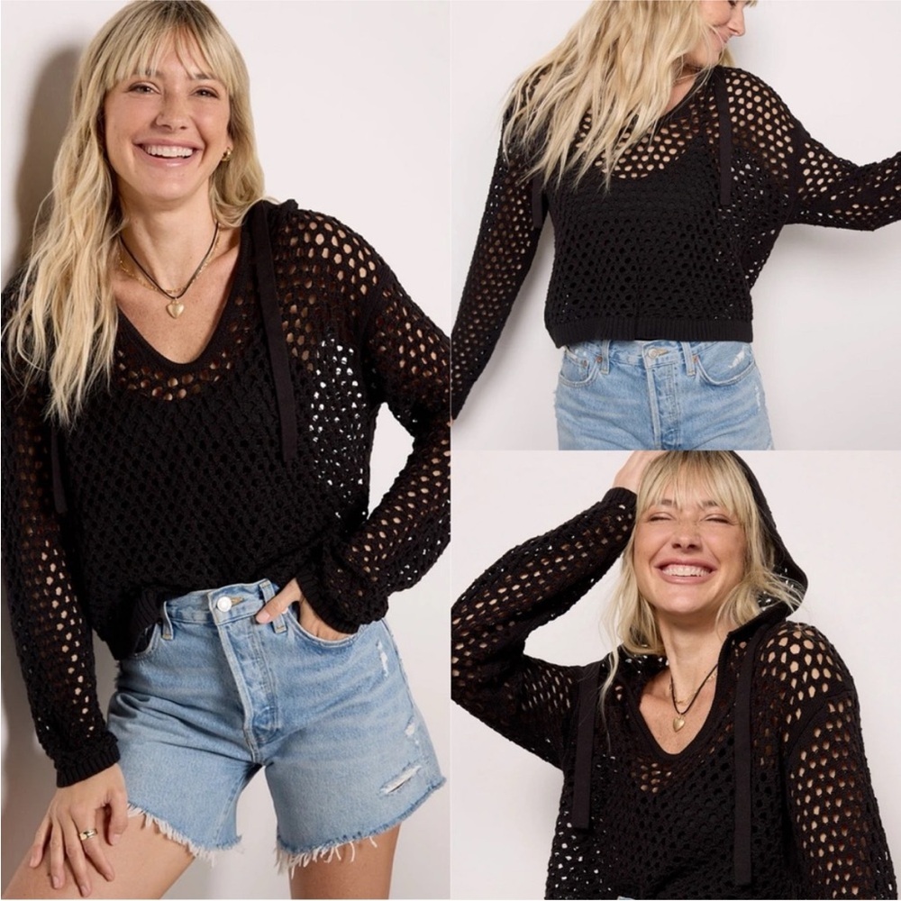 LNA Black Open-Knit V-Neck Hoodie Pullover